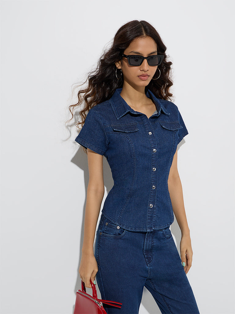 Nuon Dark Blue Cotton-Blend Denim Shirt