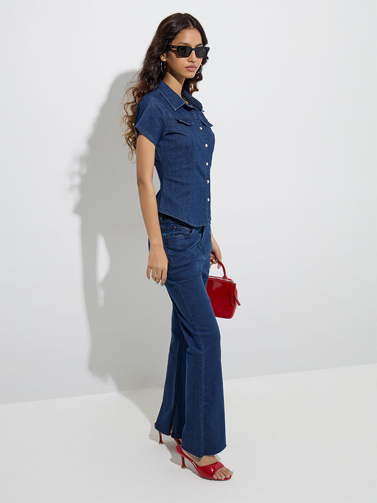 Nuon Dark Blue Cotton-Blend Denim Shirt - Image 2