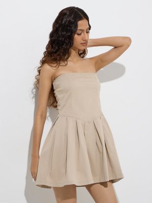 Nuon Beige Pleated Cotton-Blend Tube Dress