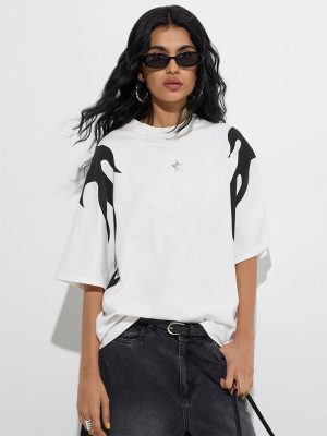 Nuon White Printed Cotton-Blend Oversized T-Shirt