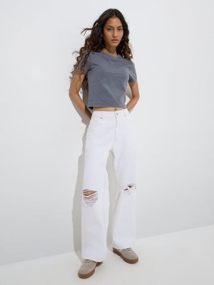 Nuon Grey Solid Cotton-Blend T-Shirt