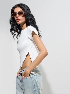 Nuon White Ribbed-Textured Cotton-Blend T-Shirt