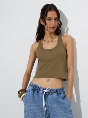 Nuon Olive Ribbed-Textured Cotton-Blend Tank Top