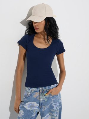 Nuon Navy Ribbed-Textured Cotton-Blend T-Shirt