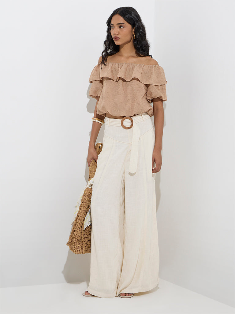 LOV Beige Floral Embroidered Off-Shoulder Top