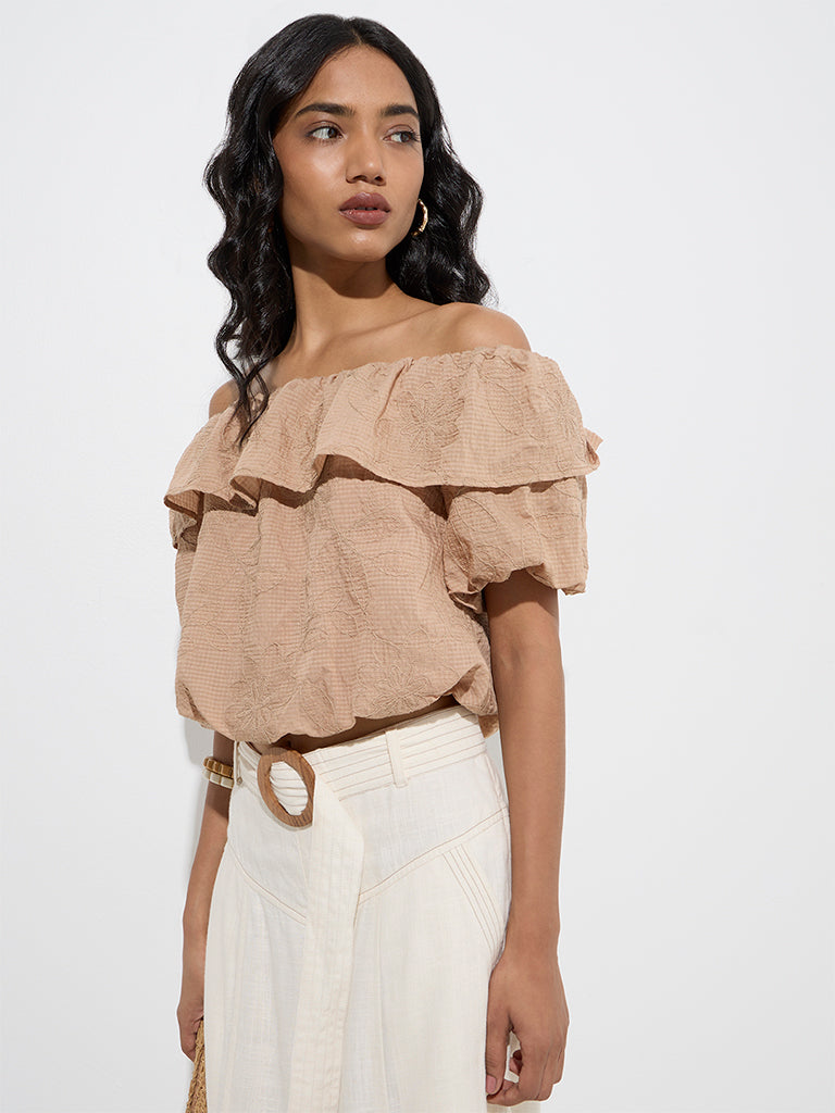 LOV Beige Floral Embroidered Off-Shoulder Top - Image 2