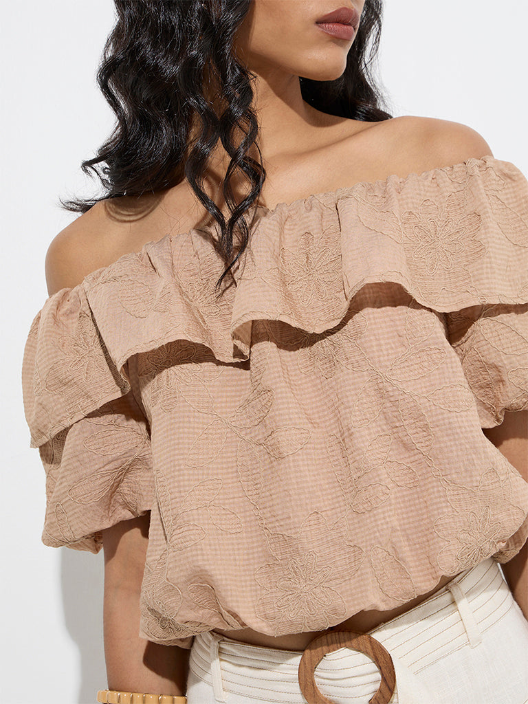 LOV Beige Floral Embroidered Off-Shoulder Top - Image 3