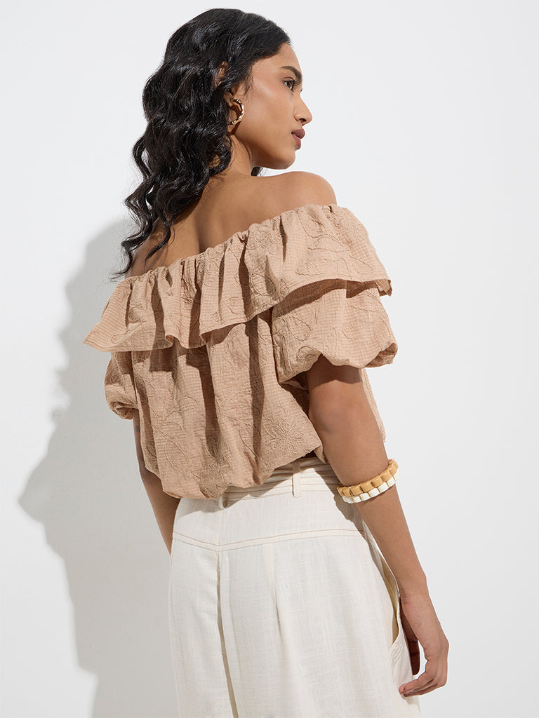 LOV Beige Floral Embroidered Off-Shoulder Top - Image 4