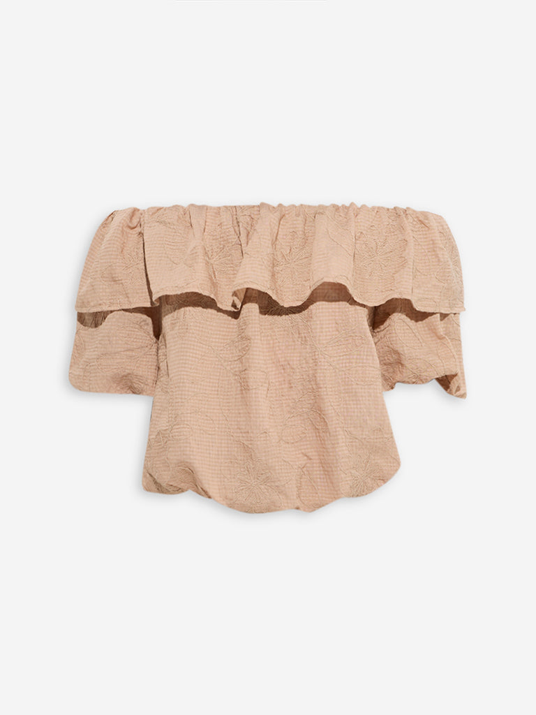 LOV Beige Floral Embroidered Off-Shoulder Top - Image 5