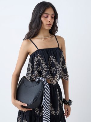 LOV Black Schiffli Embroidered Cotton Top