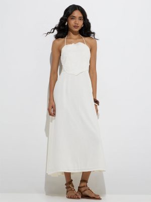 LOV White Floral Embroidered Linen-Blend A-Line Dress