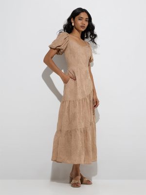 LOV Beige Floral Embroidered Tiered Dress