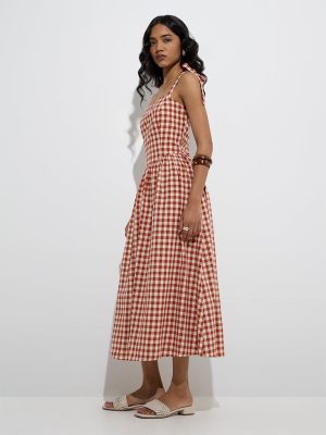 LOV Rust Gingham Checkered A-Line Dress