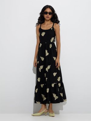 LOV Black Leaf Embroidered Tiered Dress