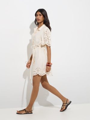 LOV Off-White Schiffli Detailed Shirt Dress with Belt