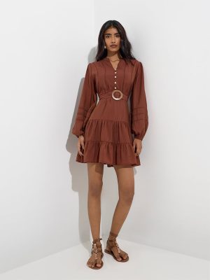 LOV Rust Cotton-Blend Tiered Dress with Belt