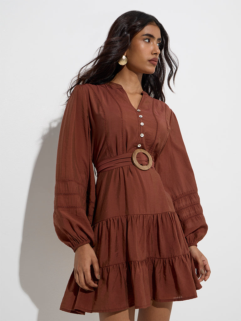 LOV Rust Cotton-Blend Tiered Dress with Belt - Image 2