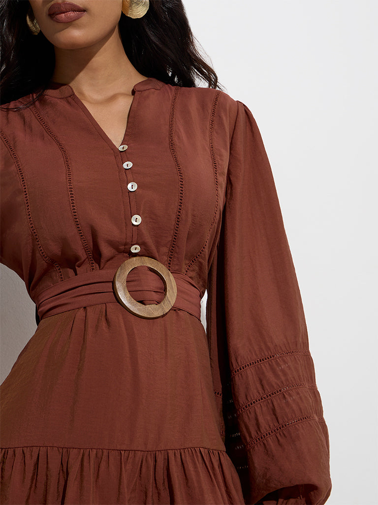 LOV Rust Cotton-Blend Tiered Dress with Belt - Image 3