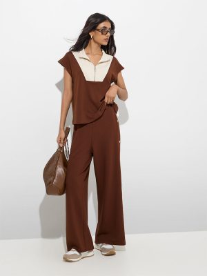 LOV Dark Brown Colour-Blocked Quarter-Zip T-Shirt