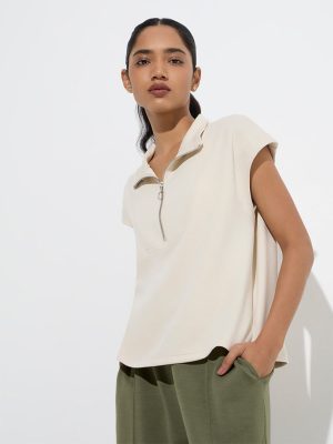 LOV Beige Solid Quarter-Zip T-Shirt