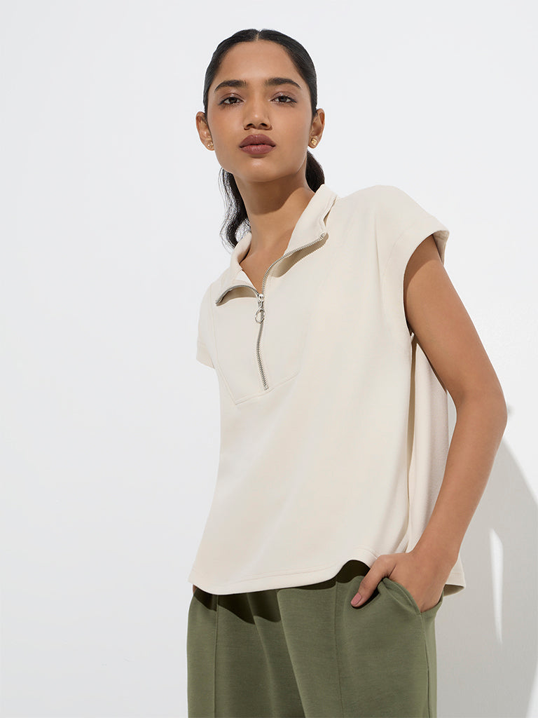 LOV Beige Solid Quarter-Zip T-Shirt