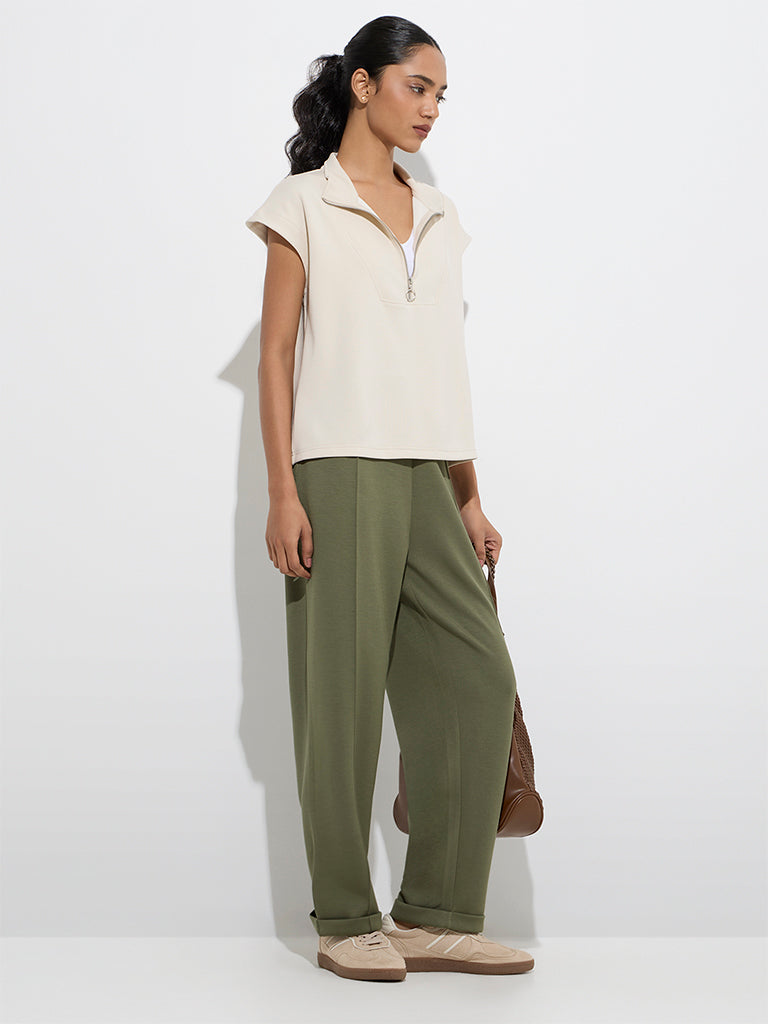 LOV Beige Solid Quarter-Zip T-Shirt - Image 2