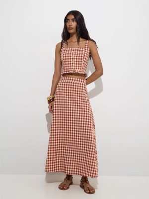 LOV Rust Gingham Checkered High-Rise Cotton Skirt