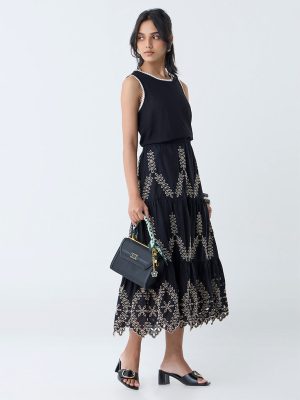 LOV Black Leaf Design High-Rise Cotton Tiered Skirt