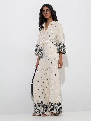 LOV Off-White Leaf Patterned High-Rise Trousers