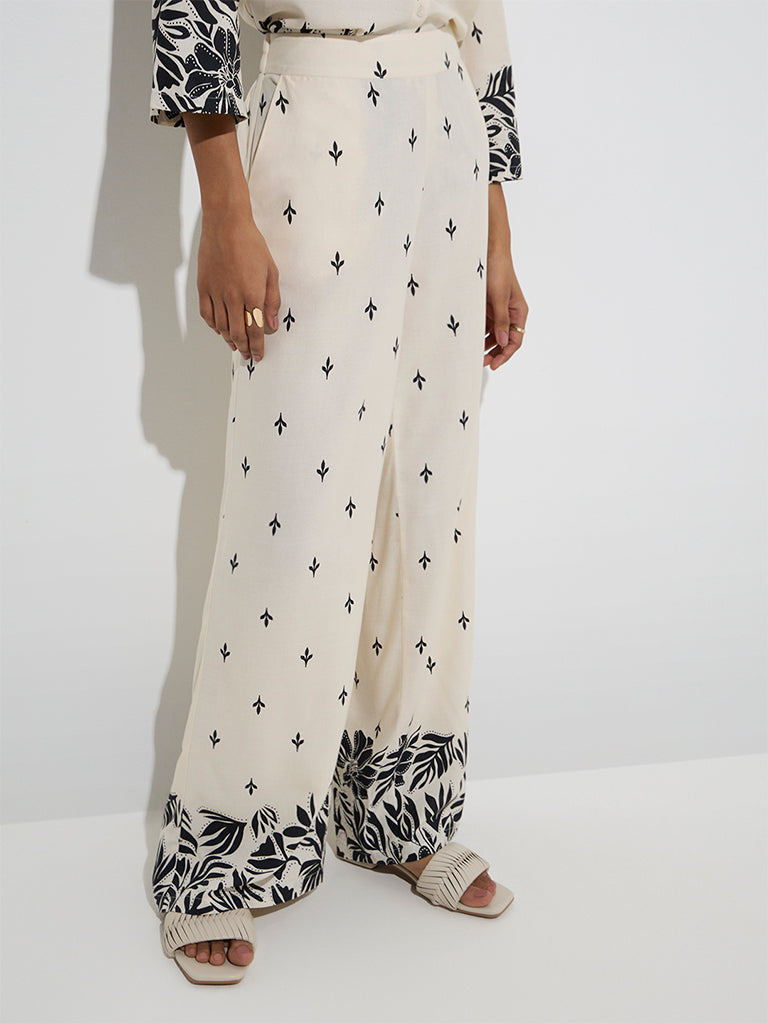 LOV Off-White Leaf Patterned High-Rise Trousers - Image 2