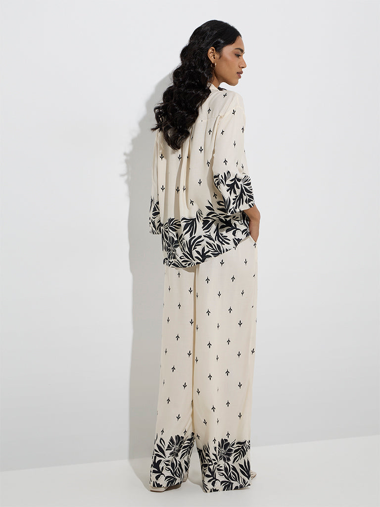 LOV Off-White Leaf Patterned High-Rise Trousers - Image 4