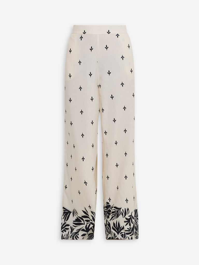 LOV Off-White Leaf Patterned High-Rise Trousers - Image 5
