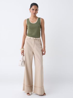 LOV Olive Solid Knitted Cotton Tank Top