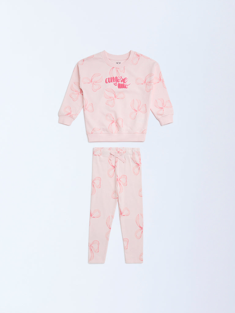 HOP Kids Pink Printed Cotton Sweatshirt and Leggings Set - Image 2