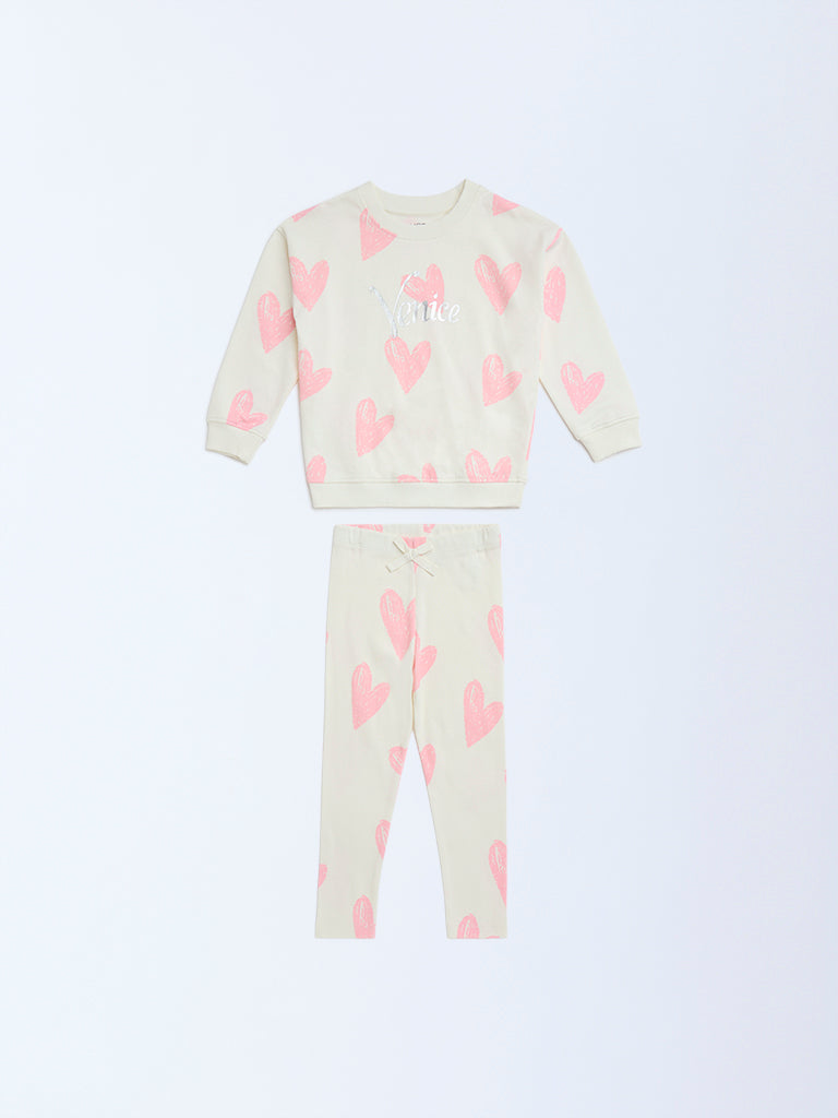 HOP Kids Off-White Cotton Sweatshirt and Leggings Set - Image 2