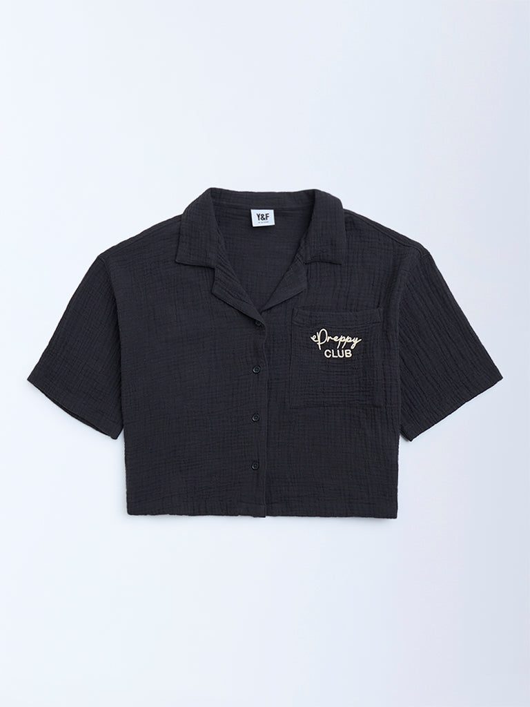 Y&F Kids Black Crinkle-Textured Cotton Shirt