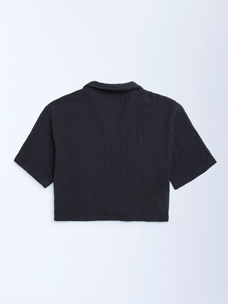 Y&F Kids Black Crinkle-Textured Cotton Shirt - Image 3