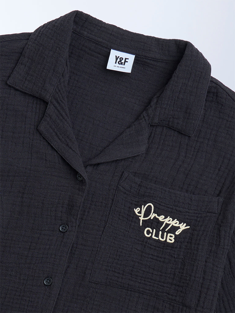 Y&F Kids Black Crinkle-Textured Cotton Shirt - Image 4