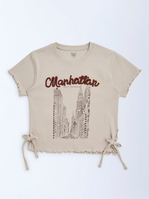 Y&F Kids Beige Cityscape-Inspired Cotton-Blend T-Shirt