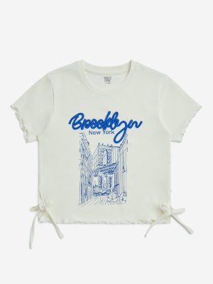 Y&F Kids Off-White Cityscape Design Cotton-Blend Top