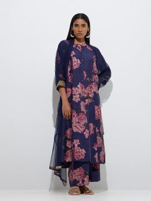 Vark Navy Floral Detailed A-Line Ethnic Set