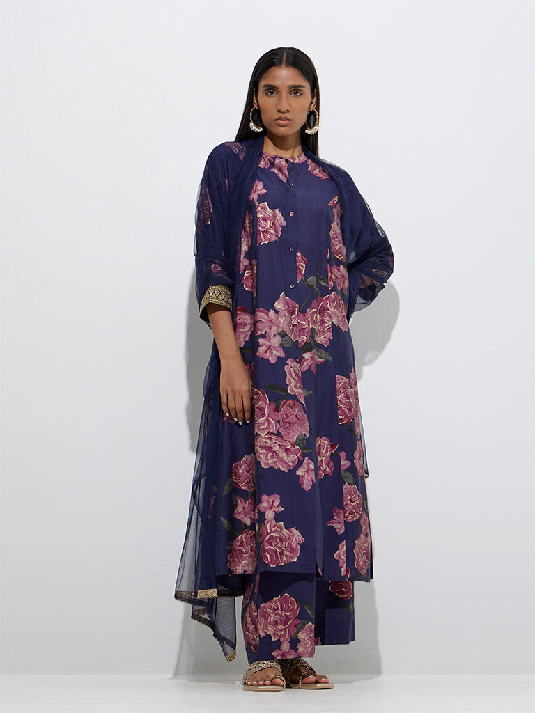 Vark Navy Floral Detailed A-Line Ethnic Set