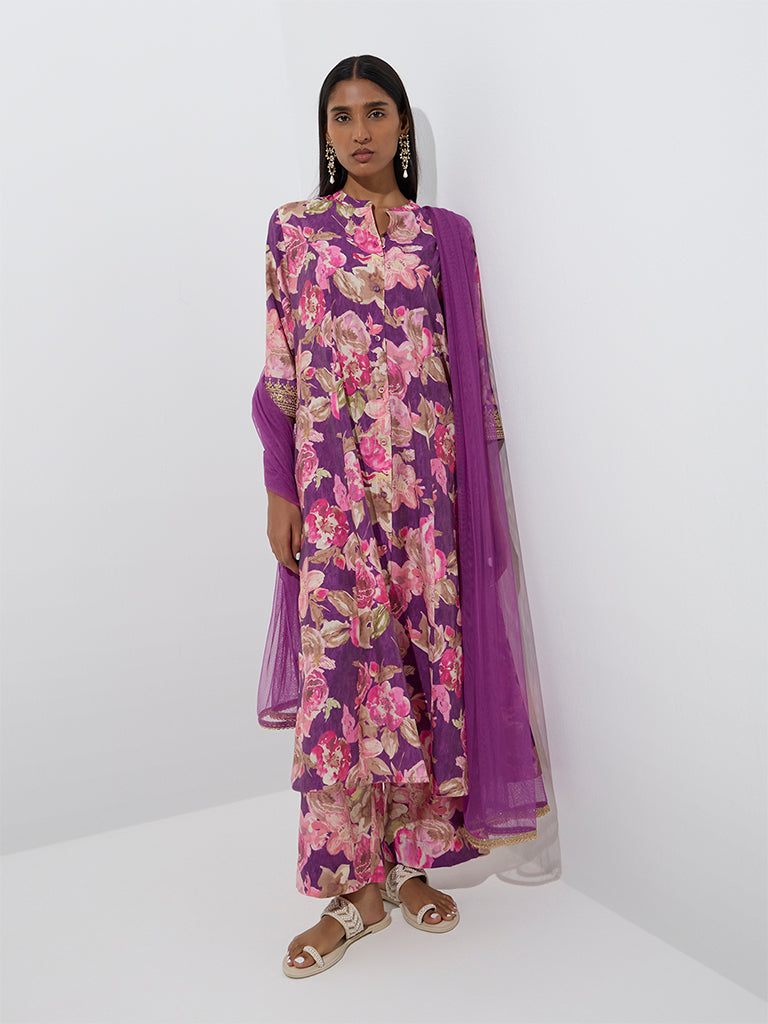 Vark Plum Floral Patterned A-Line Ethnic Set