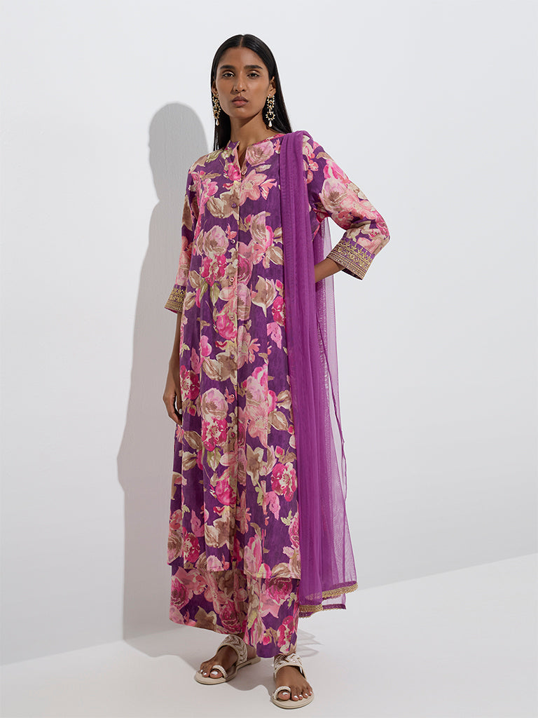 Vark Plum Floral Patterned A-Line Ethnic Set - Image 2
