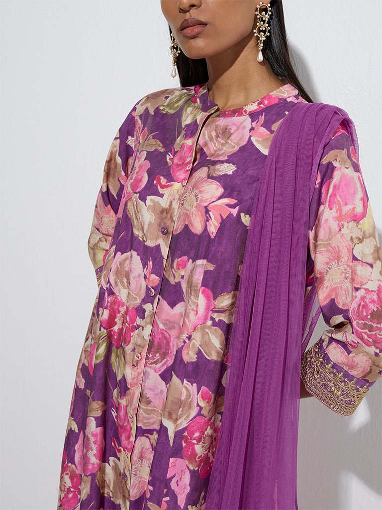 Vark Plum Floral Patterned A-Line Ethnic Set - Image 3