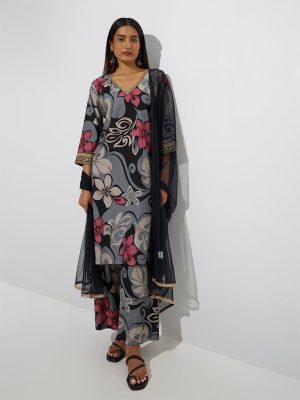Vark Black Floral Pattern Straight Ethnic Set