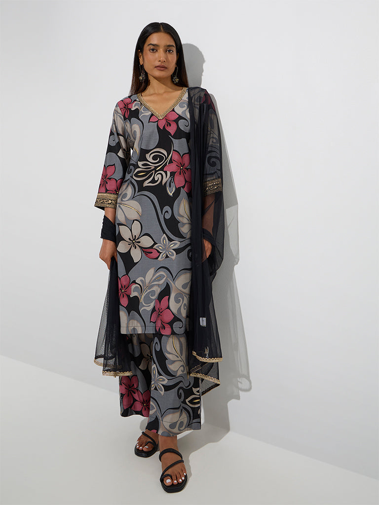 Vark Black Floral Pattern Straight Ethnic Set