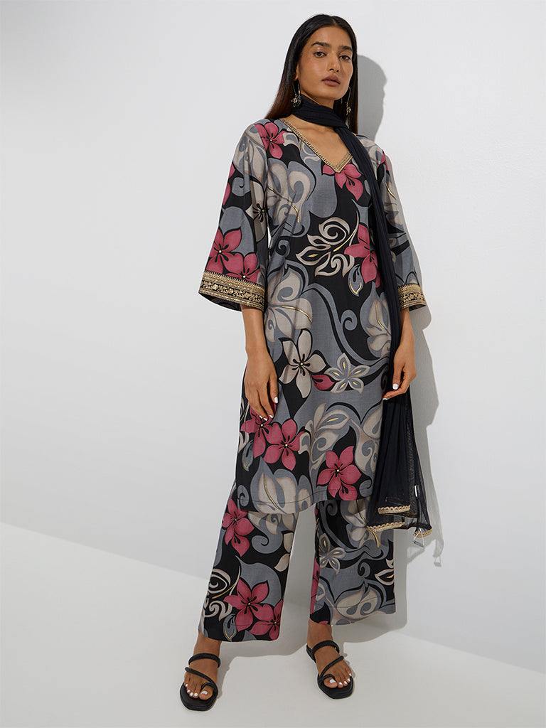 Vark Black Floral Pattern Straight Ethnic Set - Image 2
