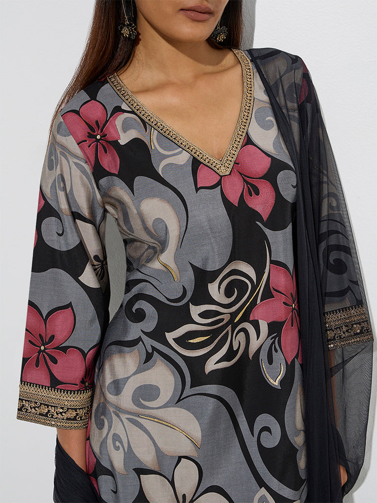 Vark Black Floral Pattern Straight Ethnic Set - Image 3