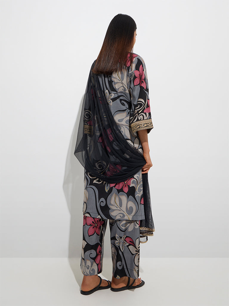 Vark Black Floral Pattern Straight Ethnic Set - Image 4